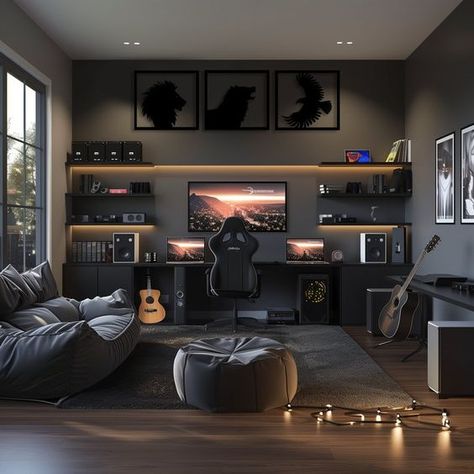 Gaming Room Wall Color, Clean Gaming Room, Gaming Living Room Ideas, Workstation Room, Gaming Corner, Tv Setup, Small Game Rooms, Best Gaming Setup, Modern Home Offices