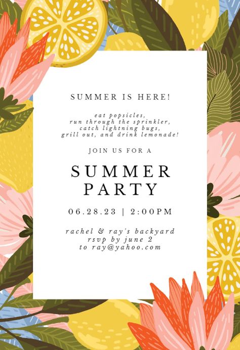 Lemon Blossom - Pool Party Invitation Template (Free) | Greetings Island Picnic Party Invitations Templates, Lemon Invitations, Luau Party Invitations, Pool Party Invite, Lunch Invitation, Pool Party Invitation Template, Picnic Invitations, Solstice Party, Bbq Party Invitations