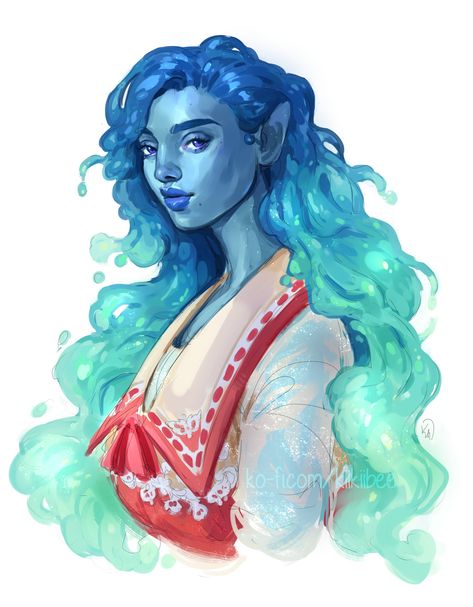 rakugaki - portrait commission of a water genasi gambler... Dnd Water Genasi Female, Water Genasi, Dnd Paladin, Dnd Druid, D D Races, Dnd Art, Book Inspiration, Character Creation, Dnd Characters