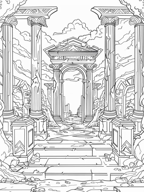 The image is a detailed line drawing of a ruined temple or other classical structure. The temple is in the center of the image, with a large archway leading into it ->> more details in ai-img-gen.com Ancient Temples Concept Art, Ancient Greek Sketch, Greek Temple Illustration, Greek Mythology Buildings, Greek Temple Drawing, Greek Temple Tattoo, Temple Background Design, Archway Drawing, Column Sketch