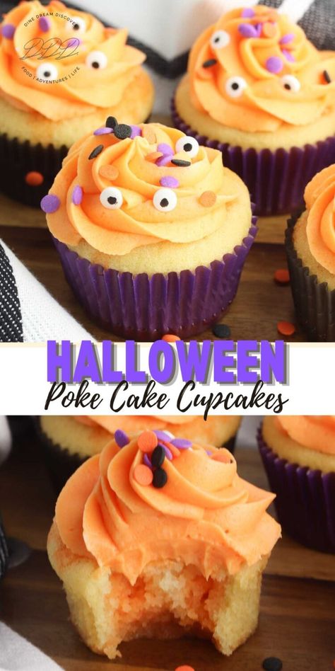 Poke Cake Cupcakes, Orange Poke Cake, White Cake Cupcakes, Flavored Icing, Poke Cake Jello, Jello Flavors, Orange Jello, Halloween Sprinkles, White Cake Mixes