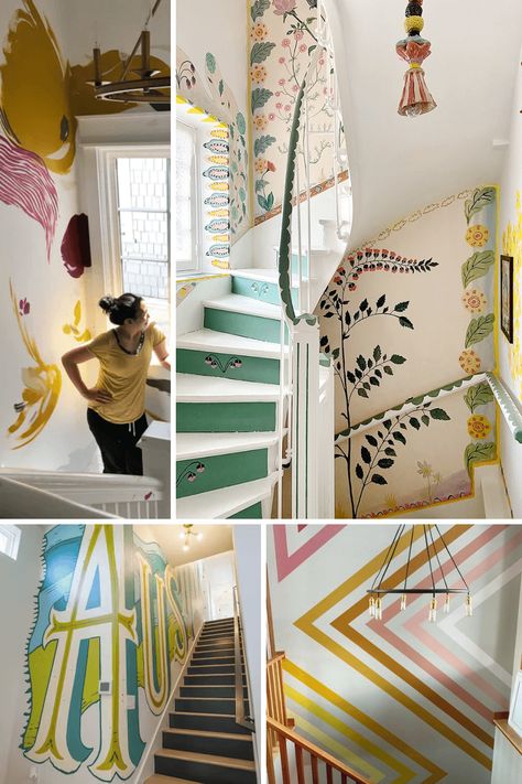 From Boring to Beautiful: 10 Stairwell Decorating Tips Maximalist Staircase, Enclosed Staircase Decor, Staircase Decor Ideas Wall, Stairway Mural, Stairwell Mural, Staircase Mural, Stairway Wall Decor, Stairway Wall, Stairwell Wall