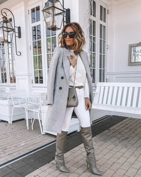 Karina Style Diaries wearing white and grey outfit Tamara Mellon slouchy boot Grey Boots Outfit, Karina Style, Comfy Fall Outfits, Double Breasted Dress, Early Black Friday, Weekly Outfits, Trending Boots, Grey Boots, Fashion Blogger Style