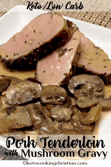 Herb Crusted Pork Tenderloin with Mushroom Gravy - Keto and Low Carb Roasted pork tenderloin with a flavorful herb crust with sautéed mushrooms and creamy gravy! #ketorecipes #keto #lowcarb #ketodiet #ketogenicdiet #lowcarbdiet #ketogenic #lowcarbhighfat #lowcarbrecipes #lchf #glutenfree #ketoweightloss #ketocookingchristian Herb Crusted Pork Tenderloin, Crusted Pork Tenderloin, Roasted Pork Tenderloin, Low Carb Pork, Sautéed Mushrooms, Roasted Pork Tenderloins, Roasted Pork, Low Carb Diets, Tenderloin Recipes