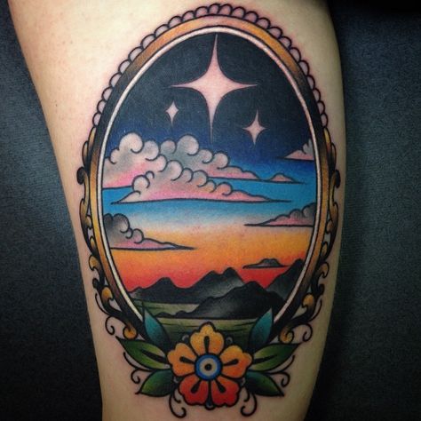 °° Scenery Tattoo, House Garden Landscape, Sky Tattoos, Sunset Tattoos, Framed Tattoo, Landscape Tattoo, Geniale Tattoos, Tattoo Old School, Mountain Tattoo