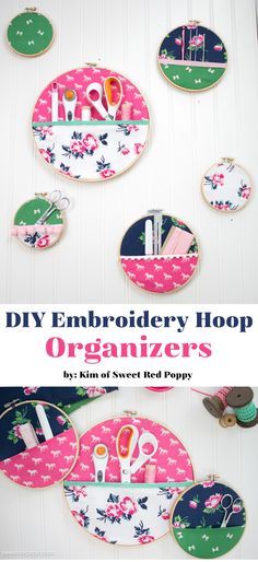 DIY Embroidery Hoop Hanging Wall Organizer - a great idea for Sewing Room organization and storage and a clever DIY organization project!  via @polkadotchair Hanging Wall Organizer, Diy Organizer, Embroidery Hoop Crafts, Embroidery Hoop Wall, Sewing Room Organization, Wall Organizer, Trendy Sewing, Beginner Sewing Projects Easy, Leftover Fabric