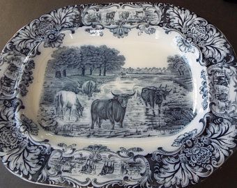 Flow blue tray | Etsy CA Wedgwood Pottery, Farm Scenes, White Platter, Blue Dishes, Blue Cow, Transferware Plate, Antique Stoneware, Wedgwood Blue, Blue Transferware