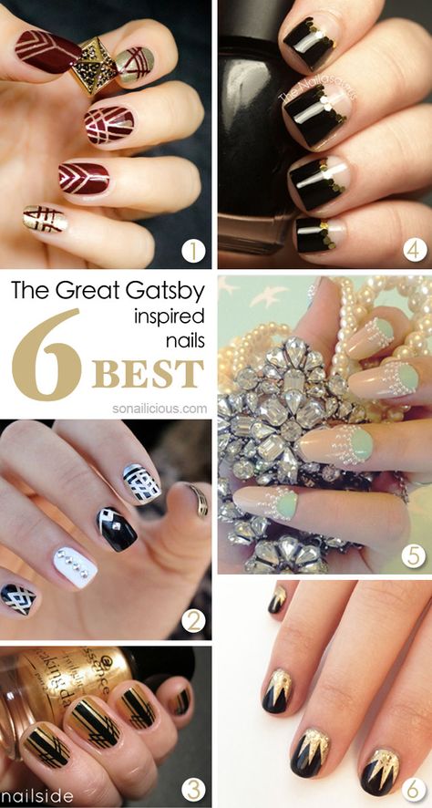 The Great Gatsby inspired nails - TOP 6.  Click for more details. Gatsby Inspired Nails, 1920s Nails, Nail Art Tutorials, Art Deco Nails, Latest Nail Trends, Nail Care Tips, Inspired Nails, Prom Nails, The Great Gatsby