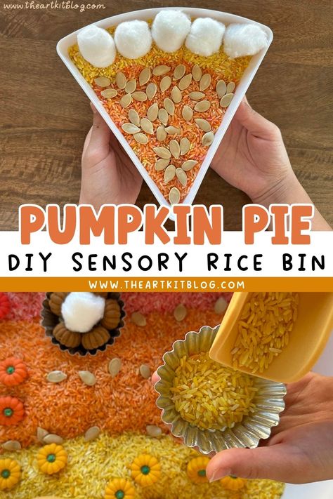 Make Your Own: Pumpkin Pie Rice Sensory Bin Native American Sensory Bin, Pumpkin Pie Sensory Bin, November Sensory Bin Preschool, November Sensory Bin, Thanksgiving Sensory Bin, Pie Sensory Bin, Pumpkin Pie Craft, Rice Sensory Bin, Pie Craft