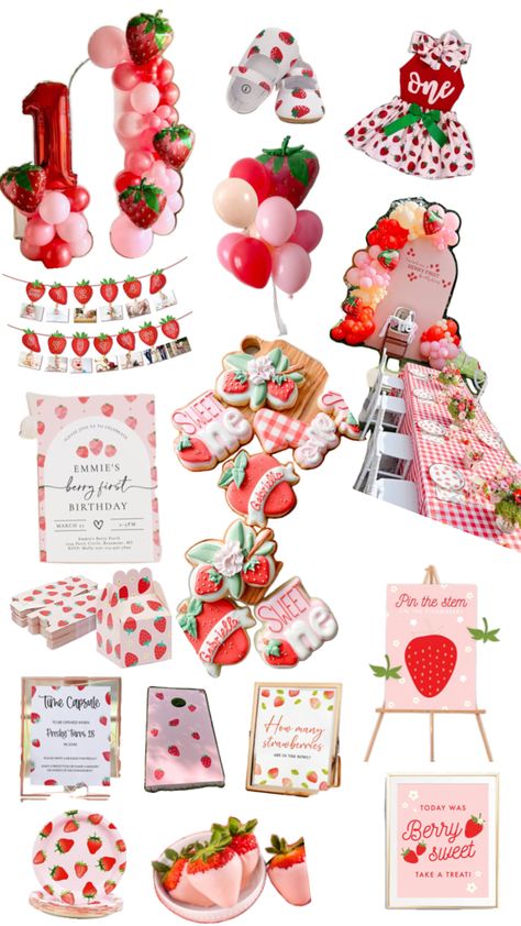 1st Birthday Strawberry theme ideas! From party favors, to decor, do party games. Fun ideas! Strawberry Theme Party, Strawberry Theme, Strawberry Shortcake Party, Fruit Birthday, Baby Birthday Themes, Strawberry Baby, Strawberry Party, 1st Birthday Themes, Girl Birthday Themes