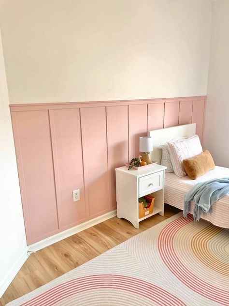 Accent Frame Wall, Bedroom Ideas With Pink Walls, Pink Room Panelling, Pink Batten Wall, Trim Work On Walls Bedroom, Half Pink Wall Nursery, Pink Waynes Coating, Pink And White Toddler Bedroom, Kids Bedroom Accent Wall Ideas