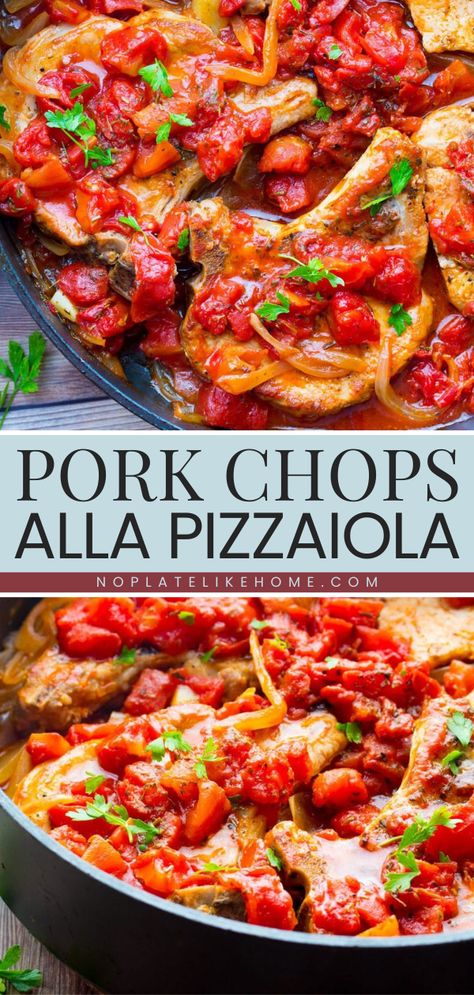 Try this pork chops pizzaiola recipe! 6 ingredients are all you need to have this family dinner idea ready in just 30 minutes. Cooked in a chunky tomato sauce, these Italian-style pork chops are so flavorful. This easy one-pan meal is also low-carb! Pork Chops With Pasta Recipes, Pork Chops Tomatoes, Pork Orzo Recipes, Italian Pork Recipes For Dinner, Mediterranean Diet Pork Chop Recipes, Pork Chop Pizzaiola, Pork Chops With Pasta, Mediterranean Diet Pork Chops, Mediterranean Diet Pork Recipes