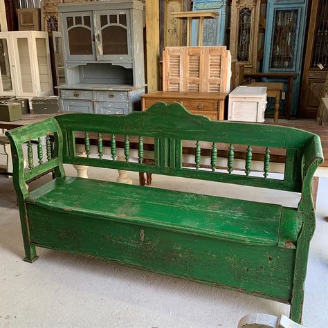 Green Bench, Metal Garden Benches, Antique Bench, Wooden Garden Benches, Farmhouse Bench, Leather Chesterfield, Outdoor Seat, Antique Paint, Antique Farmhouse