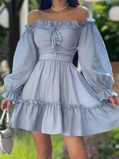 Long Puff Sleeve Dresses, Blue Long Sleeve Summer Dress, Blue Dress Casual Long Sleeve, Casual Off The Shoulder Dress, Of The Shoulder Dresses, Casual Off Shoulder Dress, Style For Birthday Clothes, Sassy Dresses Classy, Cute Blue Clothes