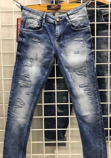 Men’s stylist lazer damage jeans knitted fabrics... Damage Jeans Men, Damage Jeans, Mens Jeans, Knitted Fabric, Pants, Fabric, Quick Saves, Trousers