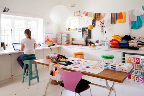 Such a cheerful space to create. Rachel Castle, Artist Workspace, Paint Studio, Fabric Wall Hanging, Creative Workspace, Craft Room Office, Sewing Rooms, Design Sponge, The Design Files