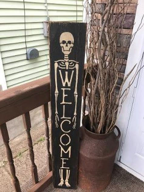 Aug 8, 2020 - THIS PRIMITIVE SIGN MEASURES ABOUT 7 1/4 BY 48. I PAINTED IT black THEN SANDED, STAINED AND SEALED FOR THE OLE PRIM LOOK. all items are made when ordered. Porch Halloween, Etsy Halloween, Porch Decorations, Primitive Signs, Signs Diy, Halloween Porch Decorations, Halloween Porch, Skeleton Halloween, Theme Halloween