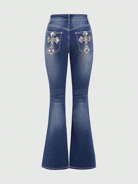 Y2K Retro Millennium Pocket Star, Moon & Cross Embroidery Women's Slim Flare Jeans Royal Blue Casual   Woven Fabric Animal Flare Leg High Stretch  Women Clothing, size features are:Bust: ,Length: ,Sleeve Length: Slim Flare Jeans, Punk Jeans, Animal Butterfly, Vintage Denim Shorts, Stars Moon, Grunge Punk, Denim Coat Jacket, Women Denim Jeans, Inspiration Mode