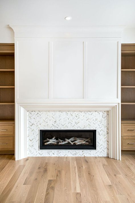 Exposed Brick Fireplaces, Marble Herringbone Tile, Fireplace Tile Surround, Linear Fireplace, Hearth Room, Calacatta Marble, Fireplace Surround, Modern Fireplace, Fireplace Tile