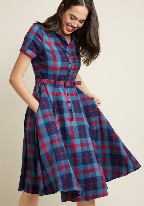 Collectif Cherished Era Shirt Dress in Blue Plaid in XXL - Short Sleeve Fit & Flare Midi by Collectif from ModCloth. Ahh, the fashionable finesse of bygone times! You embody just what made those decades special while decked out in this navy, lake blue, and red plaid shirt dress - an incredible offering from collar to circle skirt! #ad #ShopStyle #modcloth  #fashion #style #dress #mididress #mididress2018 1940s Fashion Dresses, Womens Flannel, Design Kurta, Casual Frocks, Blue Plaid Dress, Frock Patterns, Gaun Fashion, Frock For Women, Flannel Shirts