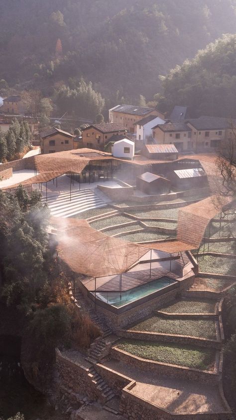 Sou Fujimoto Architects | Hangzhou, China | "The design was inspired by the site itself, especially the fog and clouds that diffused over the village. They were like buildings floating in the air, or rather, like roofs connecting nature, buildings, and various sceneries around. The continuing terraced fields created an architectural image and made the whole area very dynamic and vivid. Therefore, we proposed a floating canopy just like a cloud, hugging the landscape and being part of it." Floating Canopy, Rural China, Folding Architecture, Floating Ring, Terraced Landscaping, Canopy Architecture, Sou Fujimoto, Roof Architecture, Architecture Model House