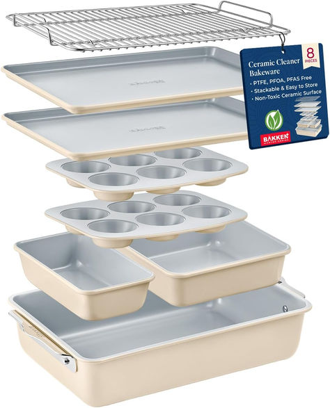 Enjoy guilt-free baking with our 8-piece stackable bakeware set featuring a ceramic non-stick coating that is PFOA, PFAS, and PTFE free, ensuring a healthier cooking experience for you and your family. Ceramic Bakeware Set, Sheet Pans, Ceramic Bakeware, Square Cake Pans, Cooling Rack, Gold Sign, Bakeware Set, Ceramic Coating, Baking Sheets