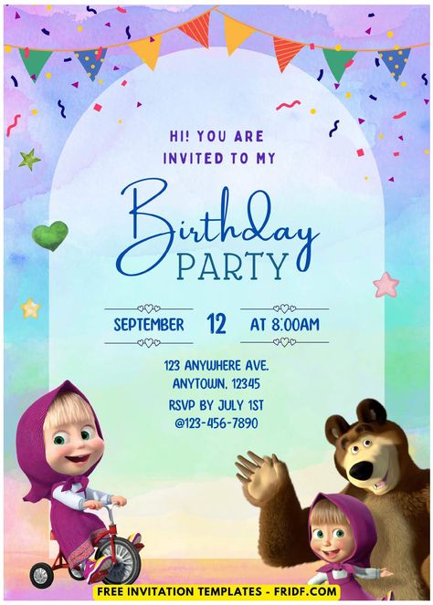 Masha And The Bear Birthday Invitation, Masha And The Bear Birthday Party, Masha And Bear Invitation, Bear Birthday Party Invitations, Garfield Birthday, Masha Bear, Masha And Bear, Movie Invitation, Marsha And The Bear