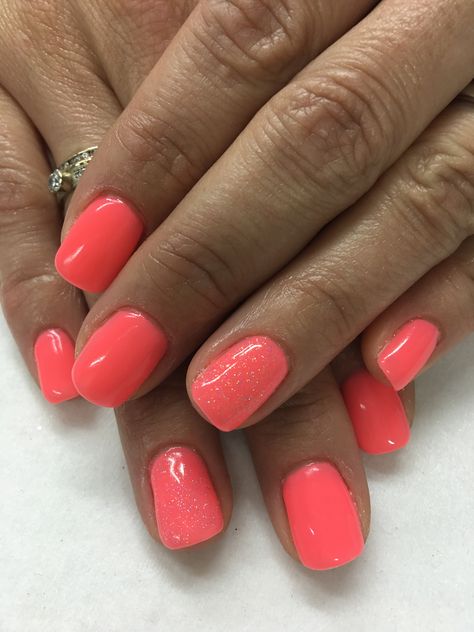 Bright Summer Coral with baby sparkles Gel Nails Bright Summer Gel Nails, Uñas Color Coral, Bright Gel Nails, Coral Gel Nails, Sparkle Gel Nails, Coral Nails With Design, Summer Gel Nails, Coral Nails, Purple Pastel