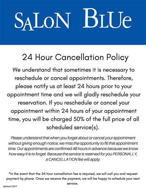 Salon Cancellation Policy Template Cancellation Policy Salon Blue from www.salonblue.comWelcome to our blog post on Salon Cancellation Policy Templates! In this article, we will provide... #Cancellation #Policy #Salon #Template Cancellation Policy Salon, Salon Cancellation Policy, Salon Blue, Free Monthly Calendar, Policy Template, Salon Names, Create A Resume, Monthly Calendar Template, Best Salon