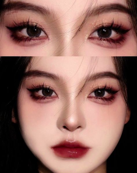 Dark Asian Makeup Tutorial, Sultry Douyin Makeup, Makeup Tone Cam, Cat Eye Douyin Makeup, Smoky Douyin Makeup, Hua Cheng Makeup, Goth Douyin Makeup, K Pop Idol Makeup, Dark Korean Makeup