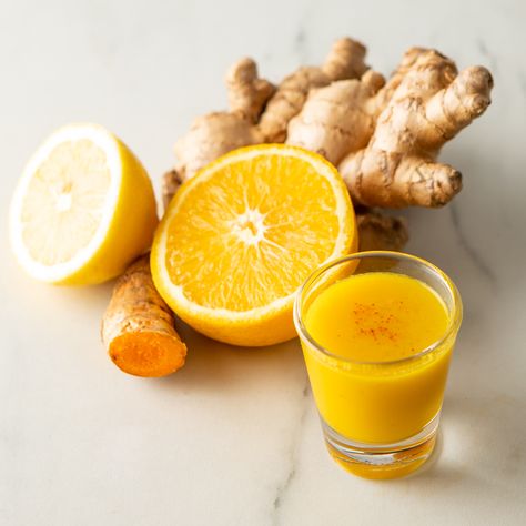 Kick your immune system up a notch with fresh turmeric, fresh ginger, fresh lemon juice, fresh orange juice, cayenne pepper and Echinacea. Retreat Branding, Juice Shot, Juice Shots, Kale Juice, October Mood, Specialty Sandwiches, Turmeric Juice, Happy Juice, The Nugget