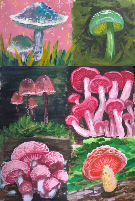 Mushroom Painting Aesthetic, Mushroom Painting, Diary Design, Mushroom Paint, Painting Study, Painting Aesthetic, Painting Words, Stranger Things Art, Horse Drawings