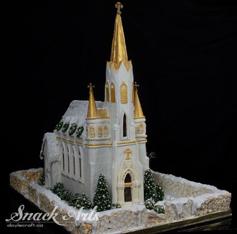 Gingerbread Chapel, Gingerbread Structures, Gingerbread Church, Gold Food Coloring, Gingerbread Creations, Gingerbread House Designs, Edible Paper, Cake Central, Edible Gold