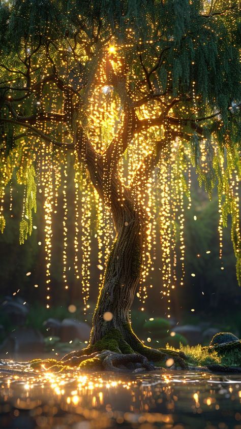 Willow Tree Wallpaper Aesthetic, Sunshine Through Trees, Diy Weeping Willow Tree, Weeping Willow Wallpaper, Fantasy Places Aesthetic, Willow Tree Background, Weeping Willow Tree Aesthetic, Fairy World Aesthetic, Weeping Willow Tree Painting