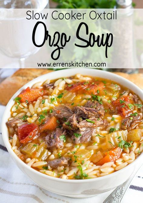 This recipe for Slow Cooker Oxtail Orzo Soup is the comfort food that you have been craving, not only is it super satisfying with tender meat that falls apart in your mouth, the ideal lunch or dinner everyone will want more of. #ErrensKitchen #easysimplerecipes #soup Ox Tail Soup Recipe Crockpot, Beef Easy Recipes, Ox Tail Soup Recipe, Slow Cooker Oxtail, Ox Tails, Oxtail Recipe, Easy Crockpot Soup, Ox Tail, Orzo Dishes