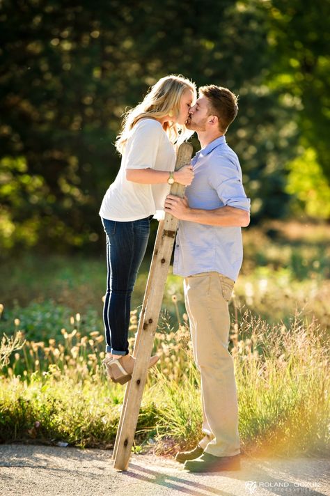 Love the lighting and the ladder! We also have a big height difference and love how cute you made this look. Big And Tall Engagement Photos, Engagement Pictures Height Difference, Wedding Photos Height Difference, Engagement Photos For Short And Tall, Couple Big Height Difference, Tall Boyfriend Short Girlfriend Photoshoot, Poses For Big Height Difference, Tall Man Short Woman Couples Photography, Short Girlfriend Tall Boyfriend Couples Photo Ideas