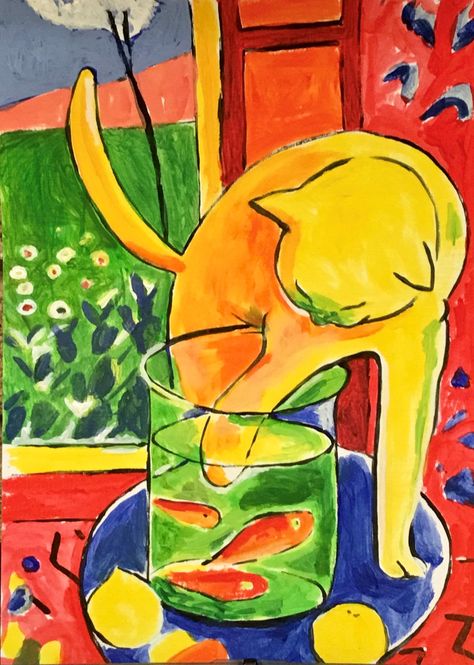 After Matisse. Cat after goldfish by Linda Wilson The Goldfish Matisse, Matisse Cat, Matisse Goldfish, Dreamy Apartment, Matisse Prints, Fauvism, Yellow Cat, Naive Art, Henri Matisse