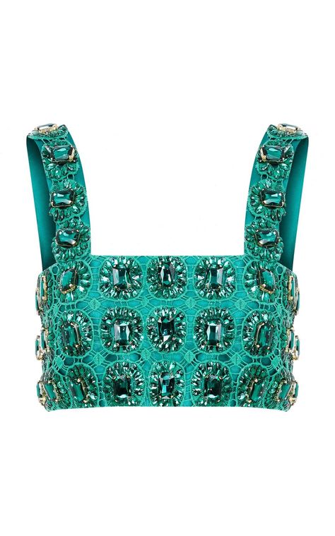 Crystal-Embellished Cropped Top By Raisa Vanessa | Moda Operandi Raisa Vanessa, Crop Design, Ibiza Outfits, Embroidered Crop Tops, Stone Top, Top Crop, Crystal Embellishment, Green Crystals, Blouse Design