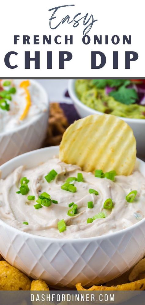 This classic French Onion Dip recipe is so easy, and perfect for parties! Onion soup mix is added to sour cream, garlic, onion powder, and green onions for a delicious semi-homemade dip recipe. Perfect for dipping with salty potato chips and ready in just 5 minutes! Can even be made with Greek yogurt. Kraft French Onion Dip Recipe, Diy French Onion Dip, French Onion Dip Mix, French Onion Dip Recipe, Homemade French Onion Dip, Keto Dips, Football Recipes, Onion Dip Recipe, Man Recipes