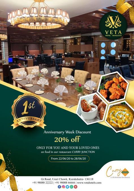 Happy 1st Anniversary! Enjoy this weekend with a special discount.  #FirstAnniversary #VETA #Hotel #Banquets #Kurukshetra Luxury Poster Design, Offer Poster, Happy 1st Anniversary, Luxury Poster, Hotel Sales, Furniture Graphic, Hotel Ads, Fireworks Photography, Food Social Media