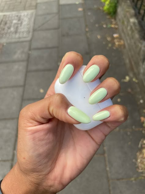 Mint Green biab almond nails Green Mint Nails, Summer Nails Green Pastel, Pastel Mint Green Nails, Summer Nails Light Green, Milky Green Nails, Pastel Nail Colors, Mint Nails Almond, Nails Mint Green, Mint Chrome Nails