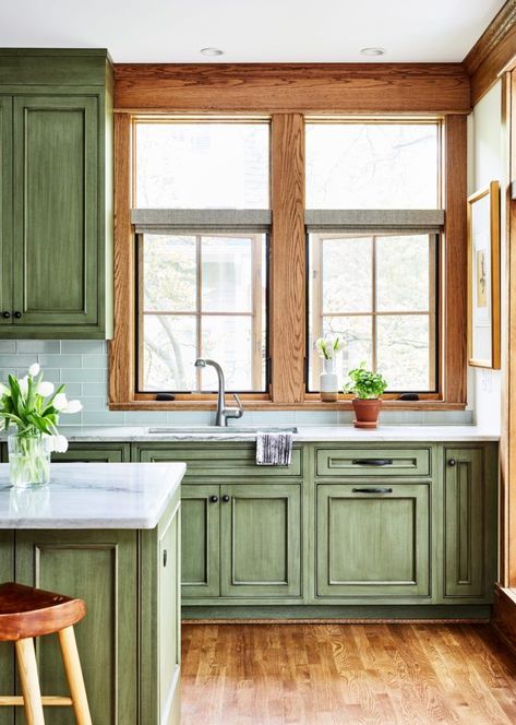 Stained Kitchen Cabinets, Light Floors, Wood Plank Walls, Craftsman Kitchen, Shaker Kitchen Cabinets, Green Kitchen Cabinets, Gray Kitchen, Green Cabinets, Kitchen Views