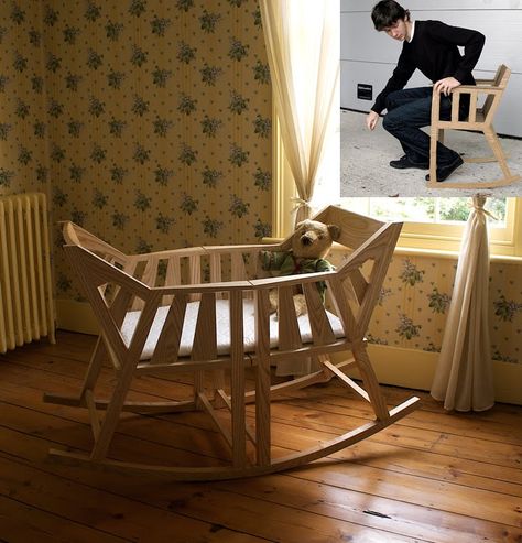 Baby Cradle Becomes Two Rockers When It's No Longer Needed - Designer Martin Price Rocking Cradle, Wooden Cradle, Baby Cradle, Baby Room Design, Rocking Chairs, Baby Furniture, Nursery Furniture, Baby Cribs, Kids' Room