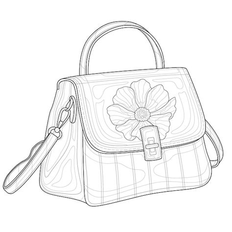 Leather Handbag Patterns, Illustration For Kids, Fashion Drawing Sketches, Drawing Bag, Fairy Coloring Pages, White Drawing, Illustration Fashion Design, Disney Coloring Pages, Flower Bag