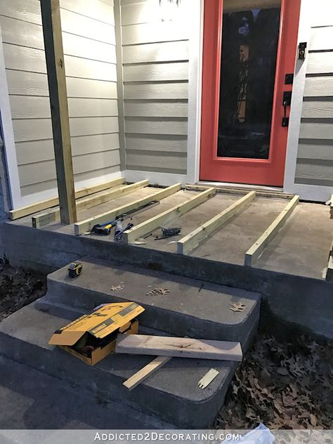 Finished Front Porch Floor (Wood Front Porch Built Over Existing Concrete Porch) - Addicted 2 Decorating® Pallet Stairs Outdoor, Exterior Refresh, Deck Over Concrete, Stairs Outdoor, Concrete Front Porch, Pallet Stairs, Front Porch Steps, Concrete Patio Makeover, Porch Kits