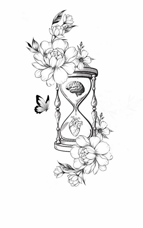 Hourglass Arm Tattoo, Time Glass Drawing, Space Filling Tattoos, Women’s Half Sleeve Tattoo Designs, Hourglass Tattoo Drawing, Hour Glass Tattoo Ideas Unique, Sand Timer Tattoo, Time Heals Tattoo, Mg Tattoo