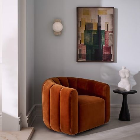 Fitz Channeled Russet Velvet Swivel Chairs Velvet Swivel Chair, Water Vacuum, Modern Swivel Chair, Orange Sofa, Accent Chair Set, Chair Options, Bust Sculpture, Curved Sofa, Modern Wall Sconces