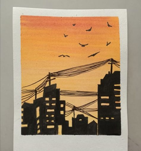 Sunset Building Painting, City Silhouette Painting, City Painting Simple, Skyline Silhouette Painting, City Silhouette Art, Silhouette Buildings, Holly Drawing, Snowman Display, Painting Buildings