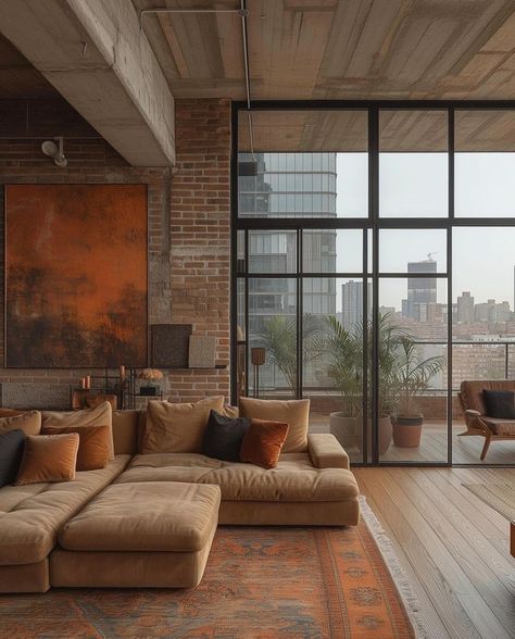 Apartment Aesthetic Industrial, Nyc Apartment Aesthetic, Modern Eclectic Interior Design, Aesthetic Industrial, Appartement New York, Modern Eclectic Interior, Apartment In New York, Luxury Home Design, Industrial Home Design