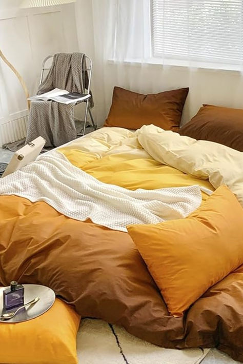 yellow comforter, bedroom, bedroom idea Orange Bedsheets Aesthetic, Orange Bedsheets, Bedsheets Aesthetic, Yellow Comforter Set, Yellow Room Decor, Yellow Comforter, Bed Comforter, Yellow Room, Bed Comforter Sets